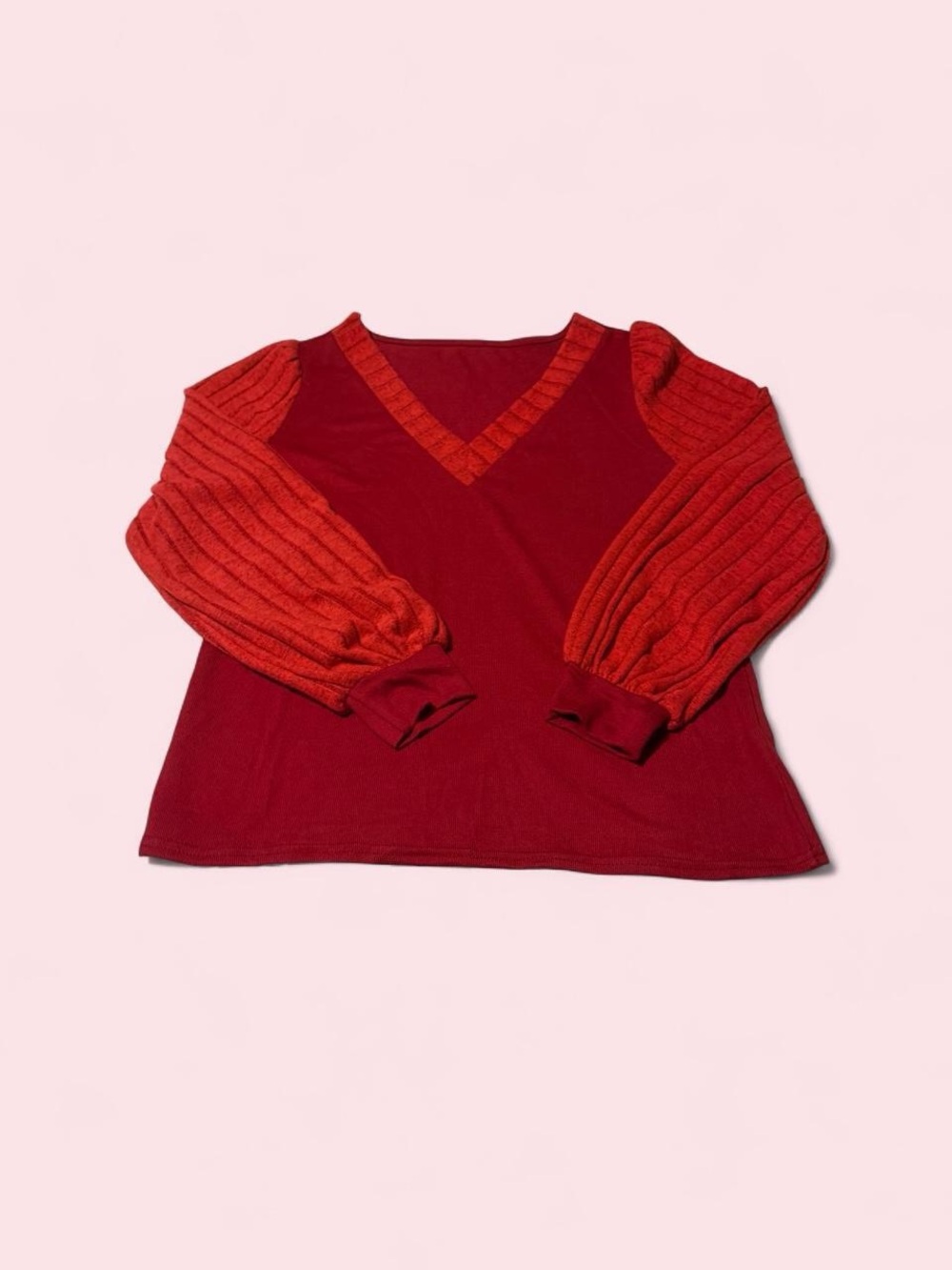 Women's Red V-Neck Pullover with Textured Balloon Sleeves